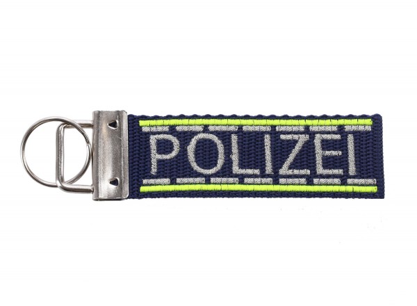 Gurtband-Schlüsselanhänger mit Stick POLIZEI, dunkelblau Stick silber,  mit Gaps