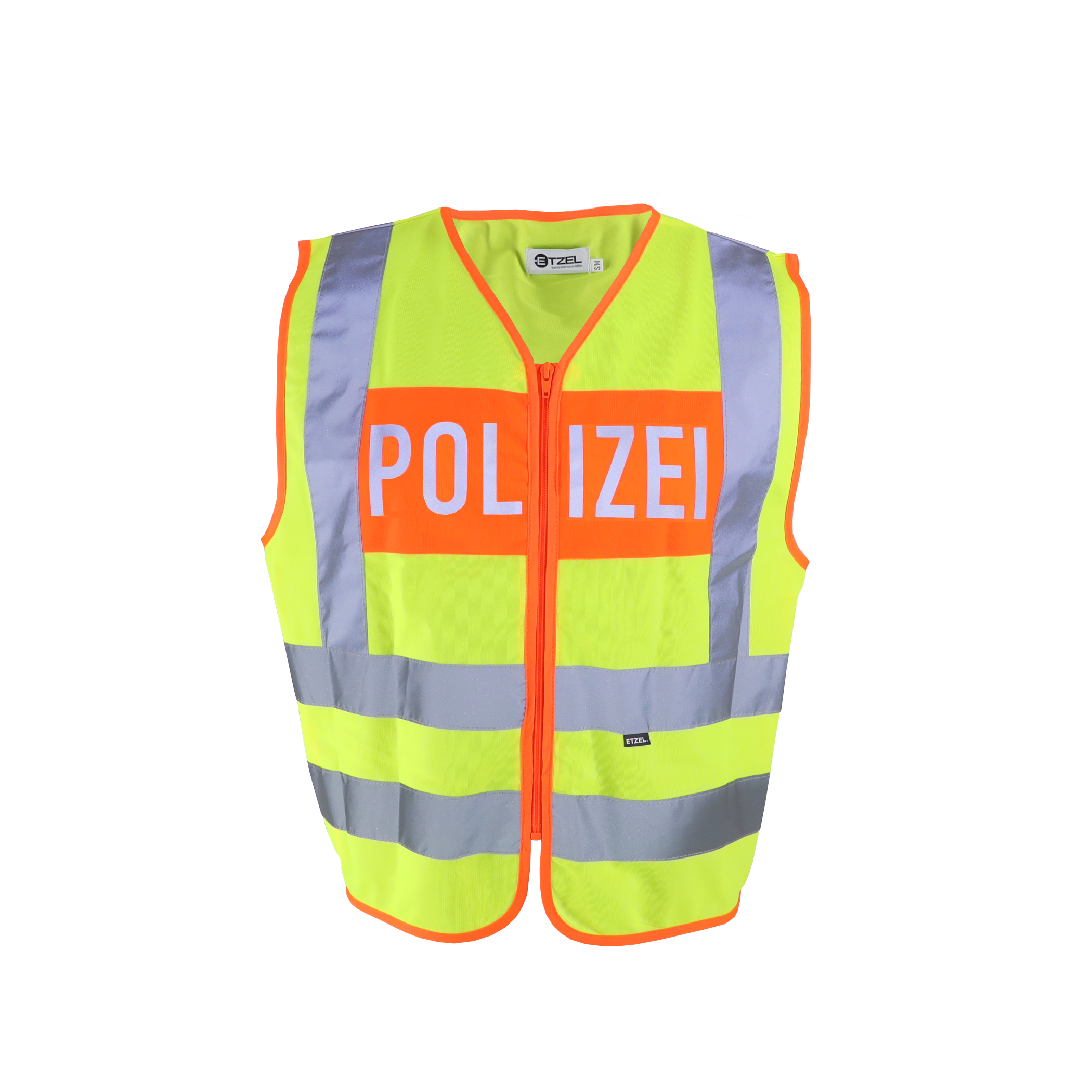ETZEL® Behörden Signal-/Warnweste POLIZEI gelb/orange, Warnbekleidung, Verkehr/Warnschutz, Ausrüstung und Zubehör, Polizei / Ordnungsbehörden