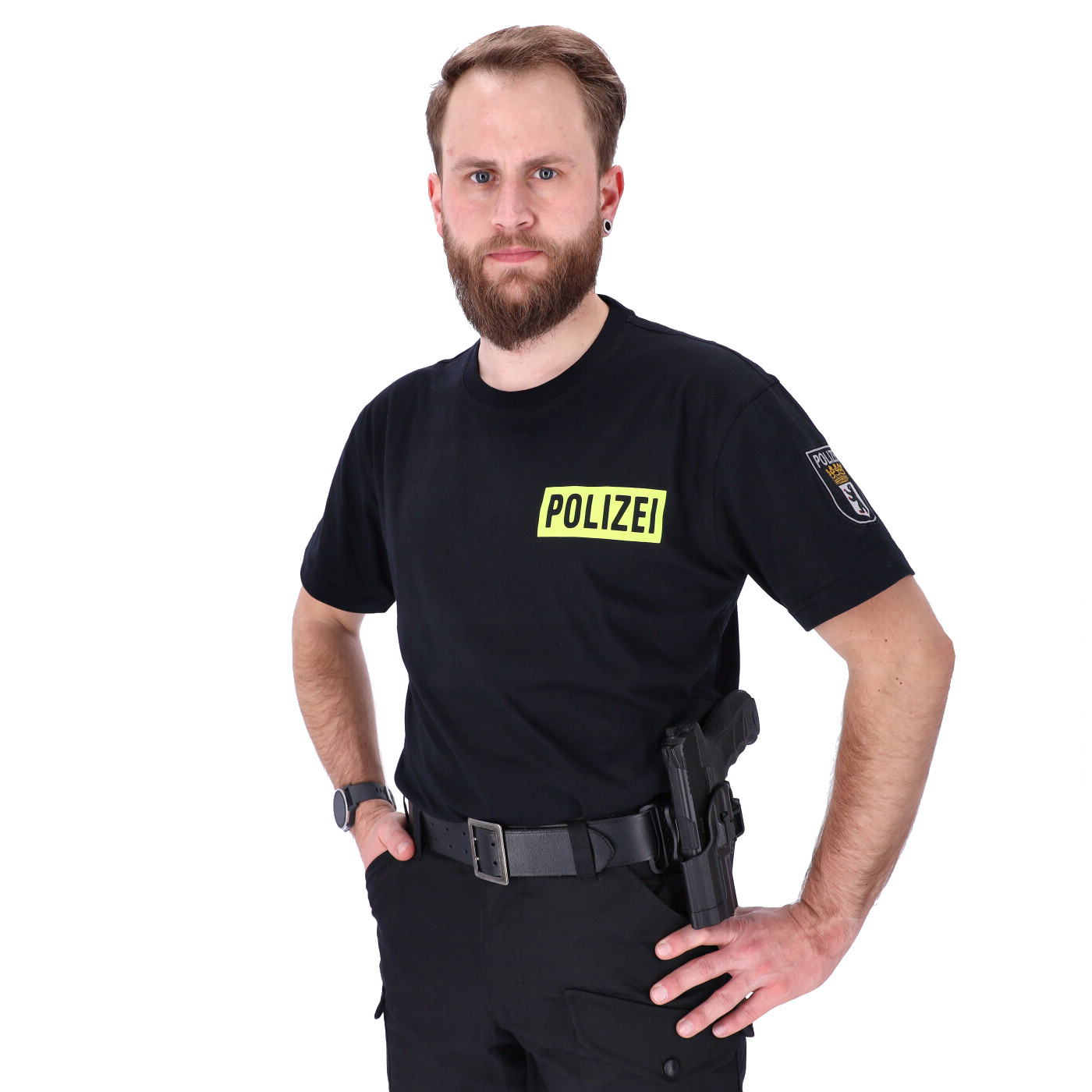 Abzeichen vorn u T-Shirt Polizei BERLIN schwarz Druck hinten Uniform Gr 48-50 